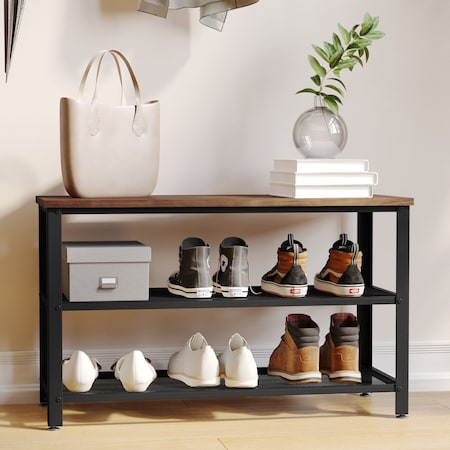 Flash Furniture Easton 3-Tier Wooden Entryway Bench, Metal Mesh Shoe Storage Shelves, Rustic Brown, Black Metal Frame HGWA-BCH-MTL-3T-RSTBRN-GG